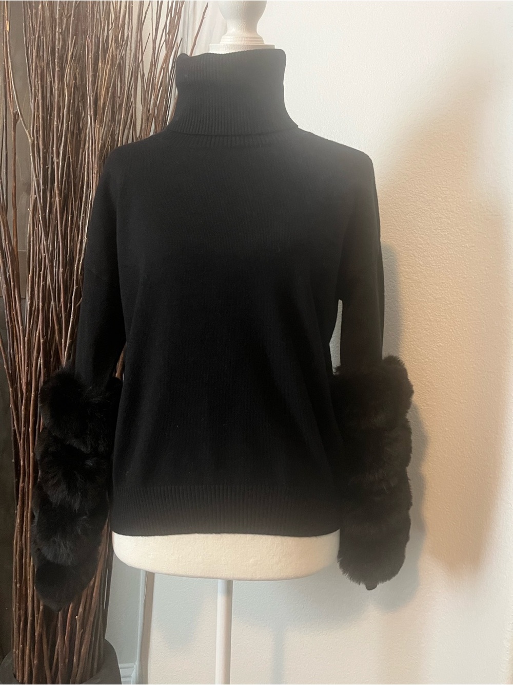 Black Turtleneck Sweater with Faux Fur Cuff Sleeves